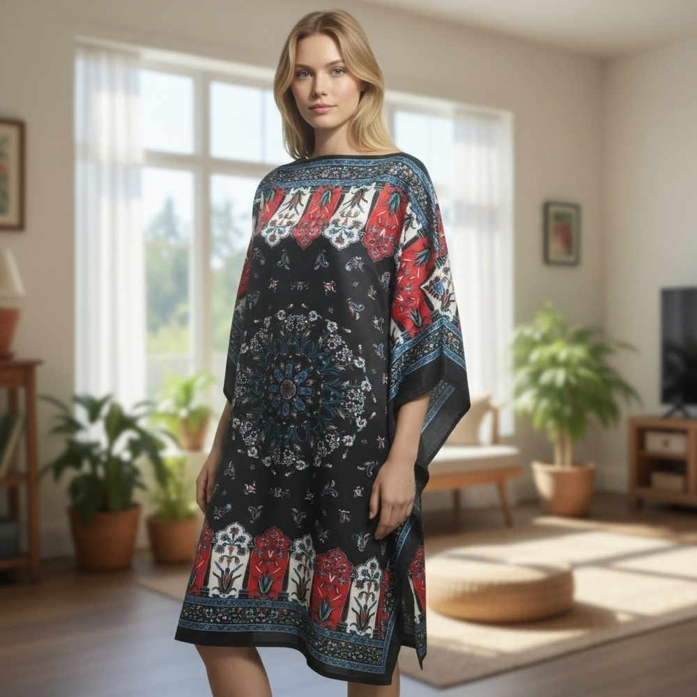 Kaftan Black and Red Floral Satin Tunic Midi Dress Womens Size  Small